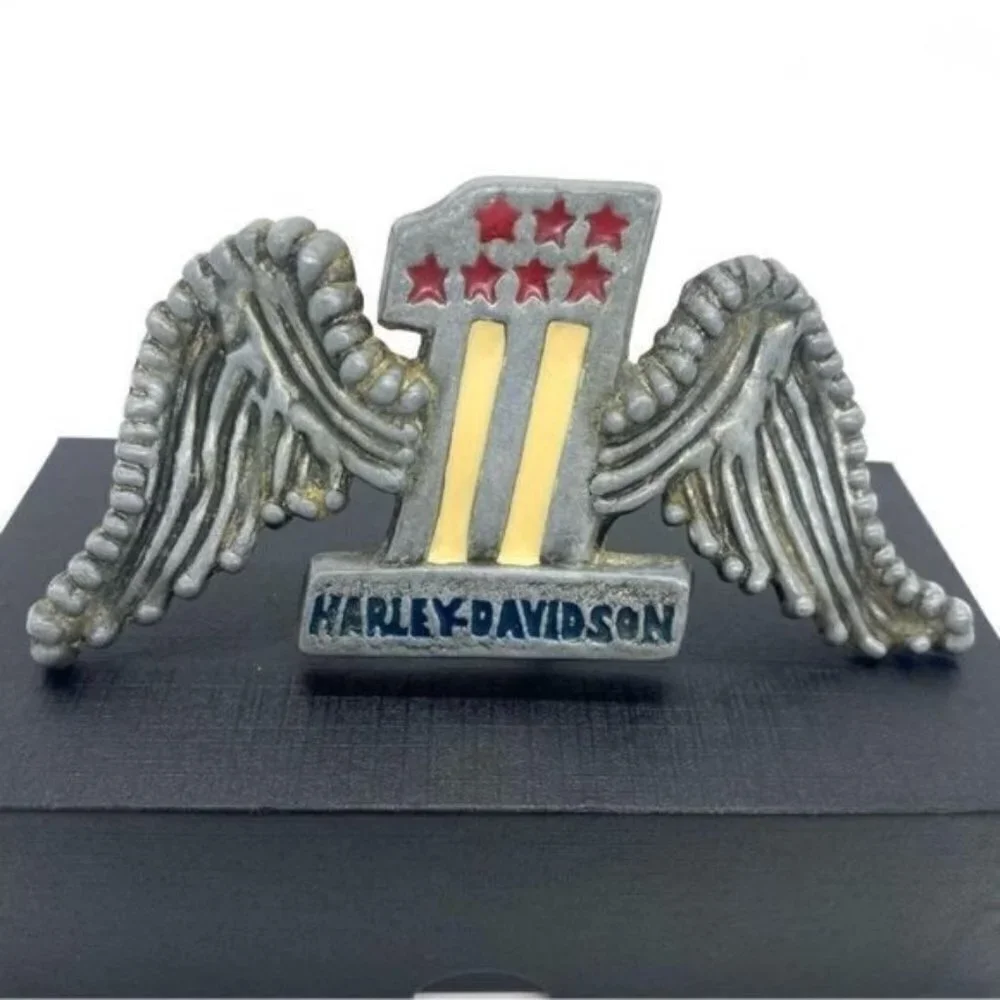 Vintage Harley Davidson Wings One America Stars and Stripes Enamel Belt Buckle